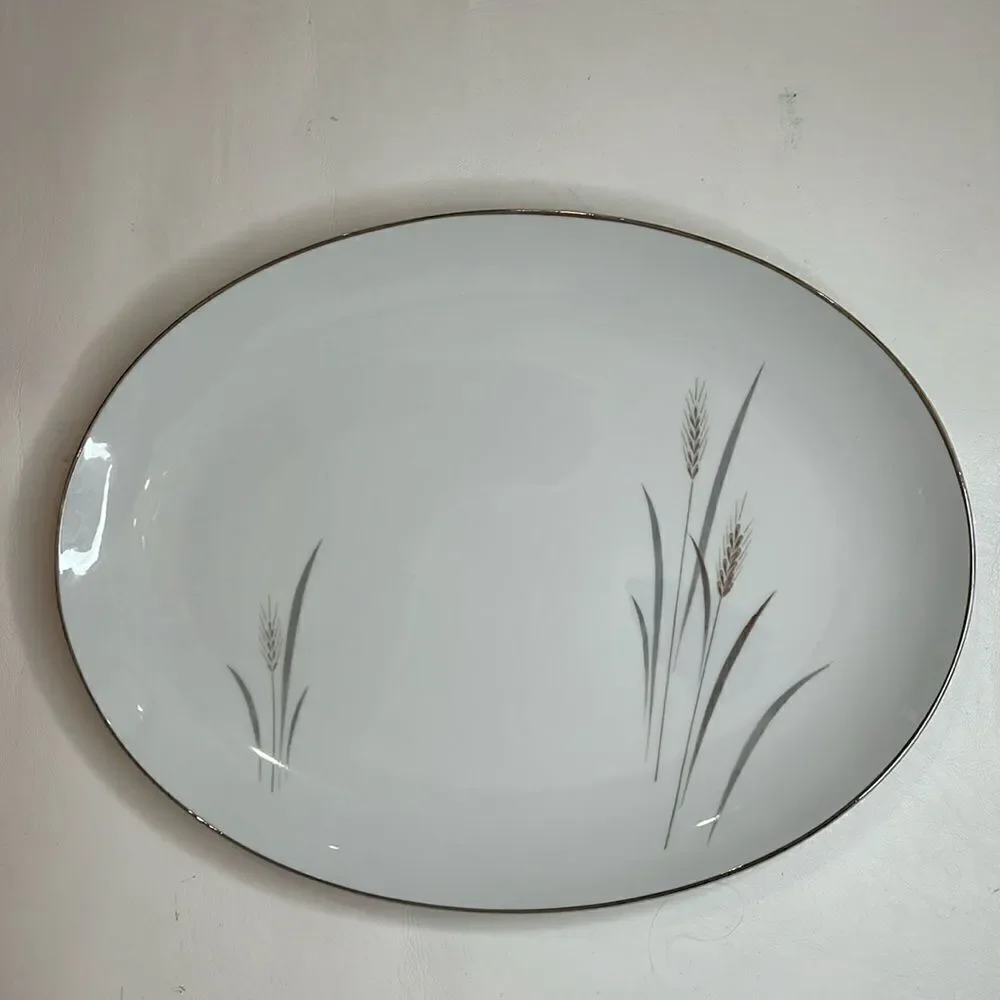 Platinum Wheat Fine China Japan 14 Inch Oval Serving Platter Silver Trim Vintage